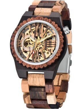 Men's Brown And Red Analog No Battery Fashion Mechanical Movement Wooden Watch